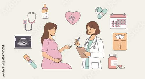 Pregnant woman receiving medical advice from a doctor, surrounded by healthcare and pregnancy icons