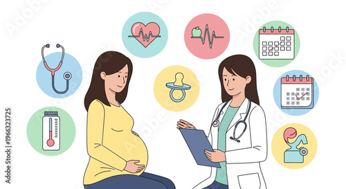 Pregnant Woman and Doctor Discussing Prenatal Care, Surrounded by Icons of Maternal Health and Baby Wellness