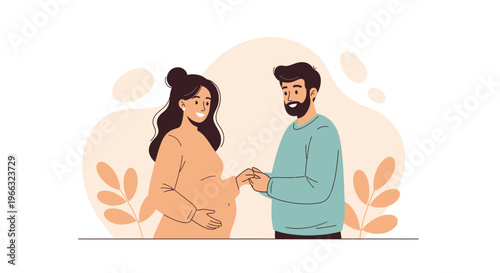 Happy pregnant couple holding hands and looking at each other with love and affection, celebrating new life and family