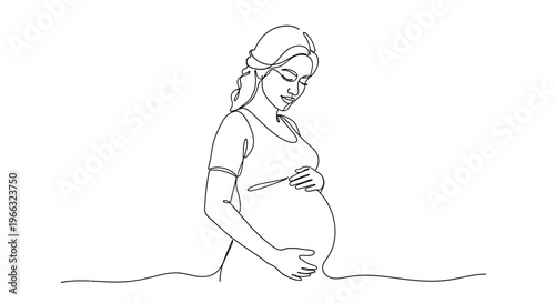 Elegant continuous line drawing portraying a tranquil pregnant woman, hands gently on her stomach, representing maternal love and the journey of expectant parenthood