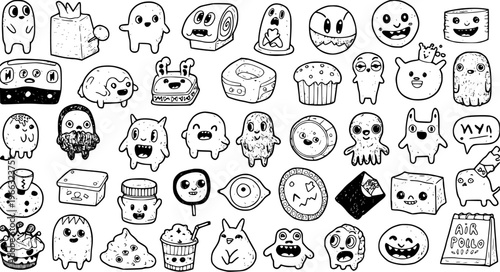 Quirky Hand-Drawn Doodle Monsters and Kawaii Cartoon Characters Set. Funny Black and White Illustrations of Cute Food, Objects, and Creature Doodles.