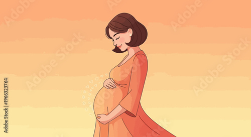 Beautiful illustration of a pregnant woman holding her belly with a warm, sunset-like background indicating a hopeful and gentle moment