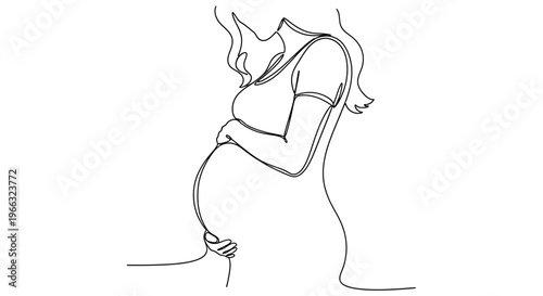 Minimalist line art illustration of a pregnant woman's profile, cradling her belly with tenderness and anticipation