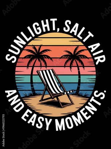 Tropical beach scene with palm trees and sunset colors on black background