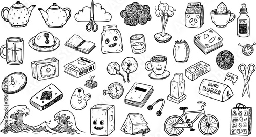 Hand-drawn doodle collection of various everyday objects, food, nature, and abstract shapes with cute cartoon faces, isolated on white background.
