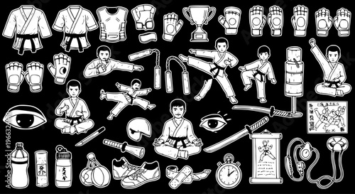 Martial Arts Doodle Set: Karate, Taekwondo, Kung Fu - Vector Black and White Illustration