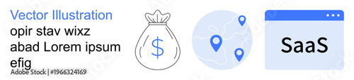 Financial growth, SaaS solutions, location tracking, software services, business strategy, digital innovation. Money bag, map with pins and SaaS interface. Financial growth and SaaS solutions