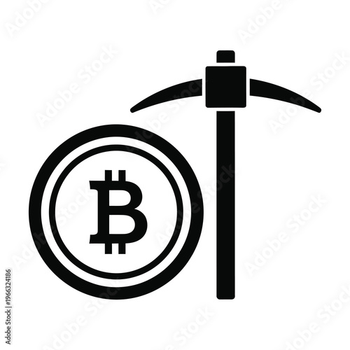 Bitcoin cryptocurrency mining concept with pickaxe and coin symbol icon