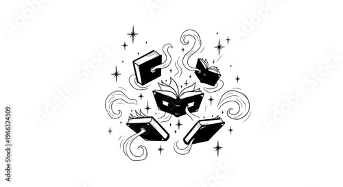 Ancient mask surrounded by steaming books swirling smoke and stars