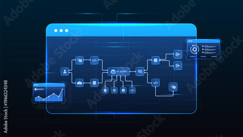AI workflow automation artificial intelligence. ai agent workflow diagram dashboard machine learning showing node input, processing flow panel, coding panel and process flow.
