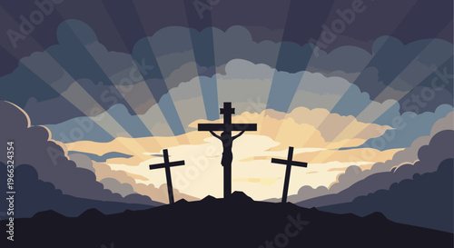 Symbolic illustration of three crosses silhouetted on a hill against a dramatic, radiant sunset sky, conveying deep themes of sacrifice, redemption, and spiritual reflection