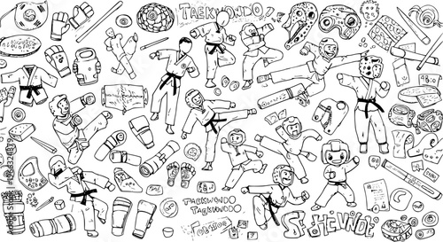 Hand-Drawn Taekwondo Doodle Illustration: Martial Arts Training, Equipment, Uniforms, and Sparring Gear in Black and White Line Art