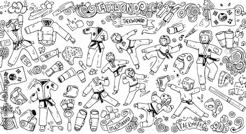 Detailed hand-drawn Taekwondo doodle art featuring martial arts practitioners in action, protective gear, uniforms, Korean flag, and various related symbols.