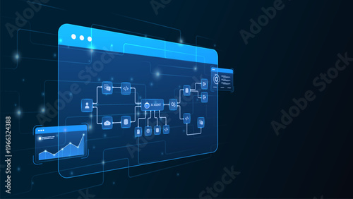 AI workflow automation artificial intelligence. ai agent workflow diagram dashboard machine learning showing node input, processing flow panel, coding panel and process flow.