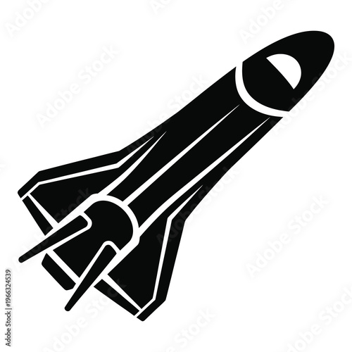 Black and white illustration of a rocket ship in flight  space exploration icon