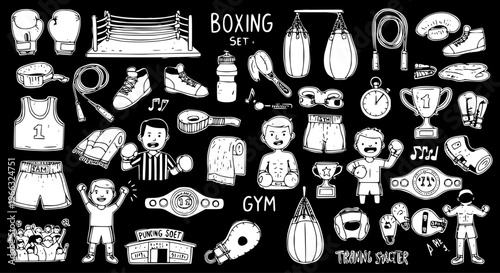 Boxing and Fitness Doodles: Ring, Gloves, Punching Bags, Athletes, and Gym Gear Set