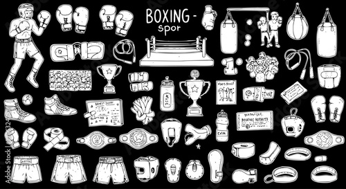 Detailed Hand-Drawn Boxing Sport Elements Doodle Set. Includes Fighter, Gloves, Ring, Punching Bags, Trophies, Boots, Shorts, and More Boxing Gear on Black Background.