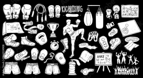 Kickboxing: Hand-Drawn Sports Icons  Equipment on Black - Boxing Gloves, Punching Bags, Trophy, Athlete