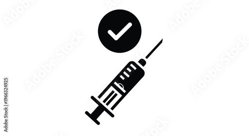 Black and white vector graphic illustration depicting a medical syringe with a confirmed successful vaccination checkmark icon above it.