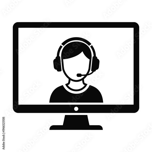 Computer monitor displays person wearing headset for online support or communication icon