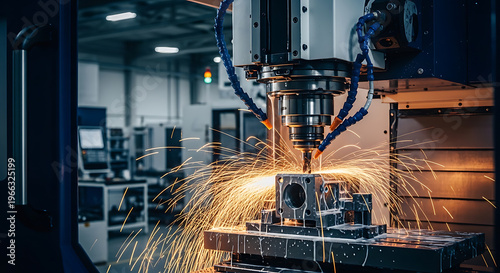 Industrial cnc milling machine sparks during metal fabrication on transparent background