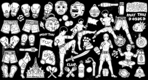 Muay Thai Vector Set: Fighters, Boxing Gear, Thai Temple  Culture. Hand-Drawn Outline Art, Martial Arts Training Equipment on Black Background.