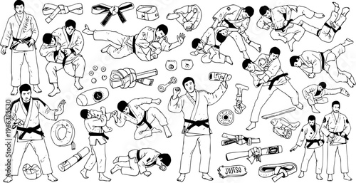 Detailed hand-drawn set of Jiu-Jitsu martial arts illustrations, featuring fighters in various training poses, grappling techniques, belts, and related equipment.