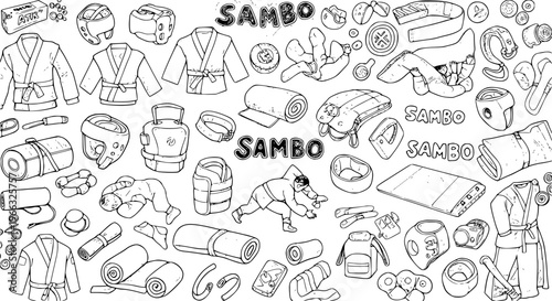 Detailed Sambo Martial Arts Equipment  Uniforms Doodle Set - Hand-Drawn Combat Sport Gear, Protective Clothing, and Training Accessories