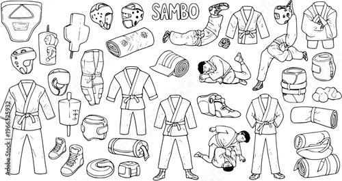 Sambo Martial Arts Line Art: Combat Sports Equipment, Uniforms, and Wrestlers in Dynamic Poses