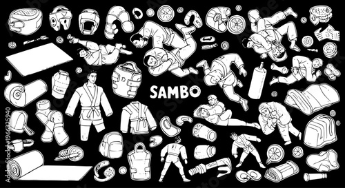 Sambo Martial Arts Gear  Combat Sport Training Elements Doodle Set. Fighters, Uniforms, Protection, Mats, Bags  More in Black  White Vector Outline
