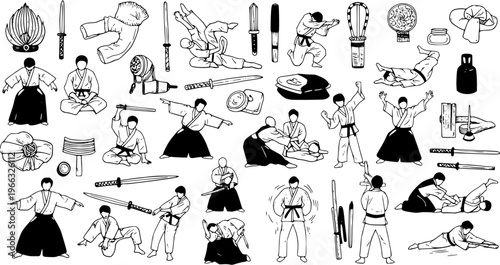 Aikido Martial Arts Set: Hand-drawn collection featuring practitioners in gi and hakama, demonstrating various techniques, grappling, throws, and falls, alongside traditional Japanese weapons.