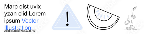 Financial risk, safety notifications, agriculture, wealth management, food industry, and caution-themed design. Warning icon with text, fruit slice and coins falling. Financial risk and safety