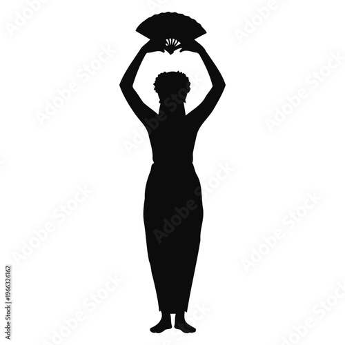 Silhouette of Traditional Fan Dancer in Elegant Cultural Pose