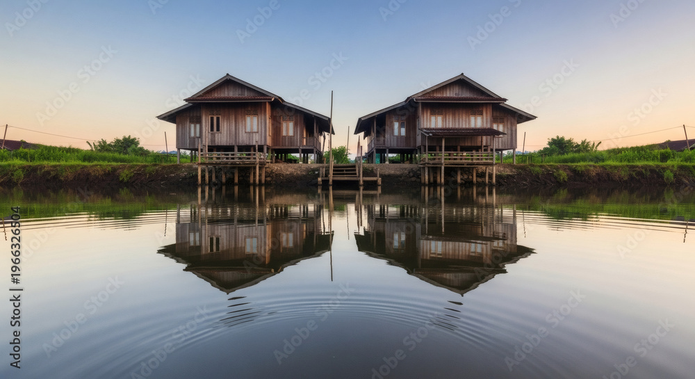 Obraz premium Symmetrical wooden houses reflecting on calm river at sunrise