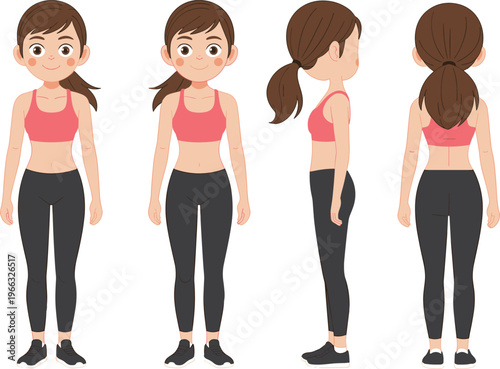 Cute cartoon girl character turnaround front side back views fitness outfit, flat vector