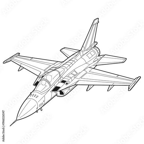 Detailed line art illustration of a modern fighter jet, showcasing its sleek design and powerful aerial capabilities, perfect for coloring books or educational materials