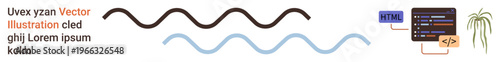 Graphic design, coding, user interface, programming, abstract icons, illustration. Wavy lines, HTML code screen and text elements. Graphic design and coding