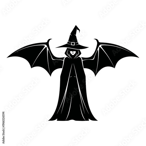 Silhouette of a witch with bat wings, wearing a pointed hat and cloak, isolated on a white background, evoking a sense of Halloween and magic