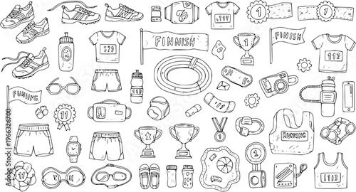 Hand-drawn Doodle Set: Running, Athletics  Swimming Gear. Collection of Sport Shoes, Apparel, Medals, Trophies, Bottles, Goggles  Fitness Accessories.