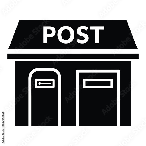 Simple black and white post office building illustration with mail slot icon