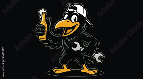 Funny Cartoon Crow Mechanic Mascot Character Holding Beer Bottle and Wrench Wearing Baseball Cap for Workshop Branding and Craft Beer Labels