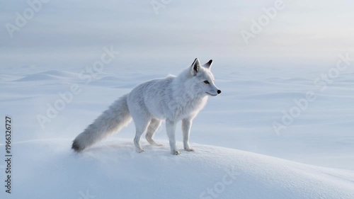 White Arctic Fox Standing on Snowy Landscape in Natural Daylight with Calm Atmosphere