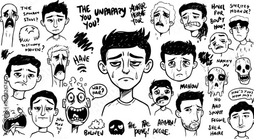 Hand-drawn collection of gloomy and distressed cartoon faces, expressing sadness, crying, and despair, with abstract elements and surreal, nonsensical text doodles.