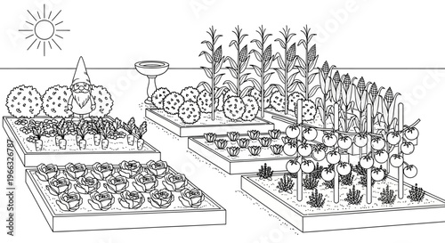Detailed illustration of a vibrant home vegetable garden with various plants.