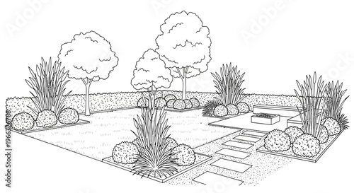 Detailed landscape design sketch of a modern garden layout.