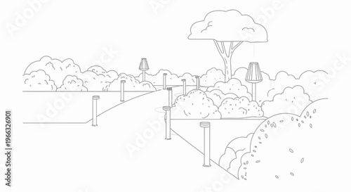 Line drawing of a path with survey posts in a natural landscape.
