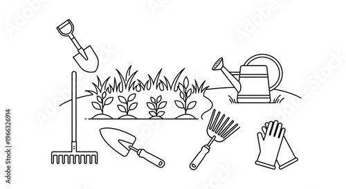 Gardening tools and plants in a garden bed outline illustration.