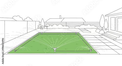 Lawn with Sprinkler System in a Backyard.