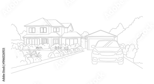 Modern Suburban House with Car in Driveway.