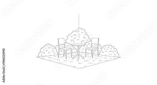 Outdoor dining set with table and chairs surrounded by lush bushes and a central umbrella.